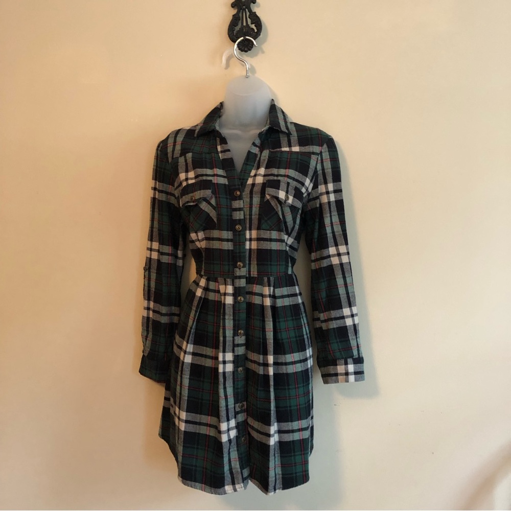 Green Plaid Button Down Dress